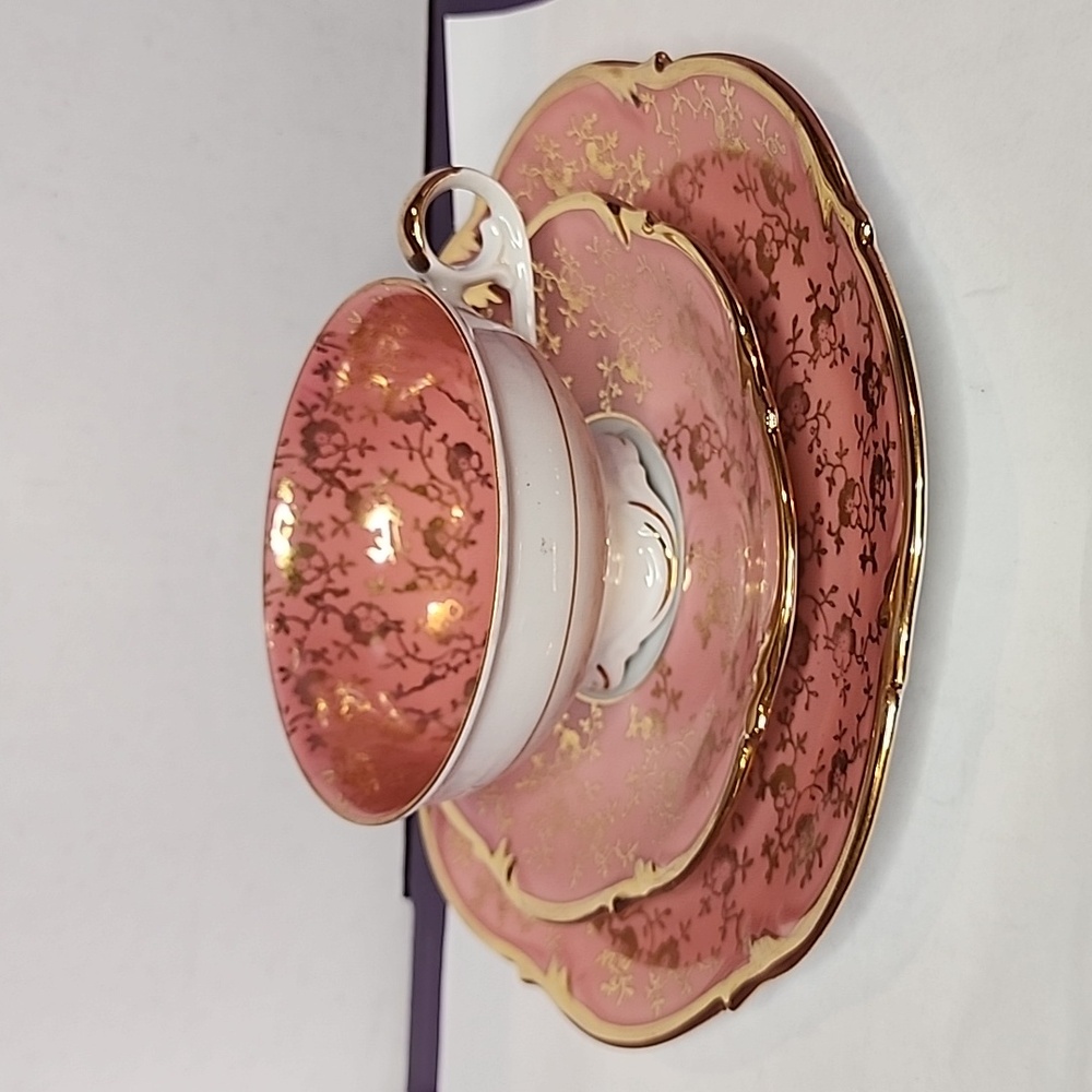 Bareuther Bavaria Salad Plate and Teacup and saucer in pink with flower pattern